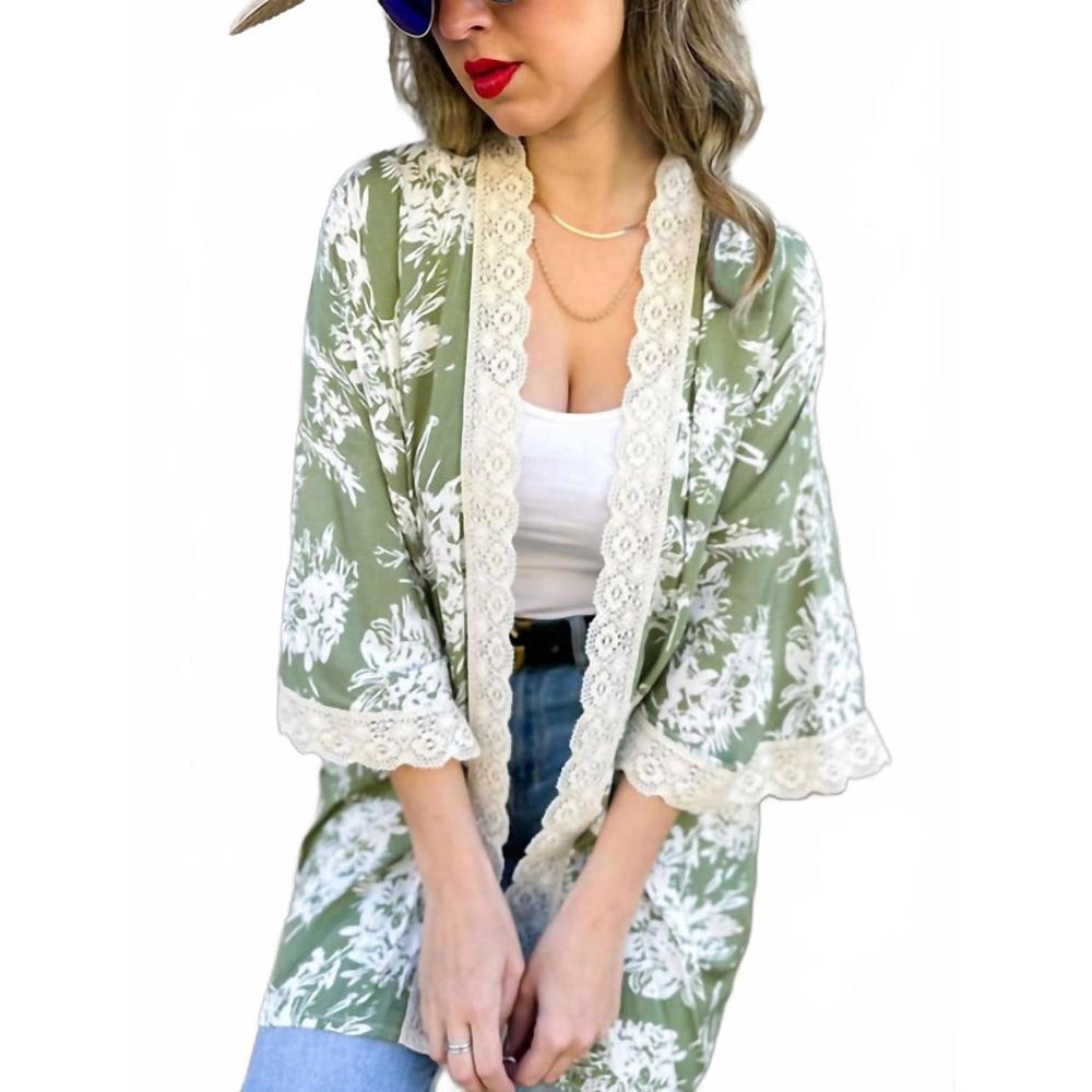 NEW AMOLI floral kimono with crochet lace trim in olive